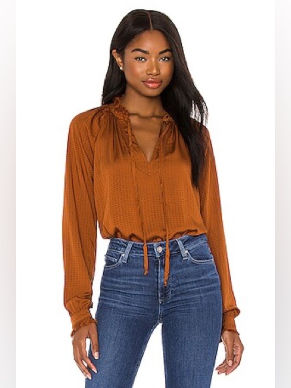 Cloth & Stone Brown V-Neck Polka-Dot Longsleeve Peasant Blouse Anthropologie